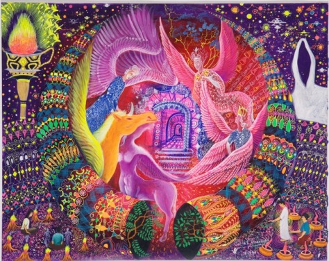 Unicornio Dorado By Pablo Amaringo. Featured in the book The Ayahuasca Visions of Pablo Amaringo by Howard G Charing