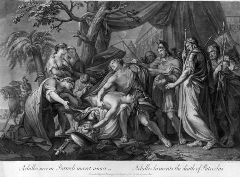 Aquiles lamenta a morte de Pátroclo; em sua fúria vingativa, em breve matará Heitor (Cenas da epopéia homérica "Ilíada")