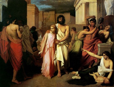 Édipo, após furar os olhos, é guiado por Antigona através de Tebas, rumo ao exílio. Pintura de Charles François Jalabert.